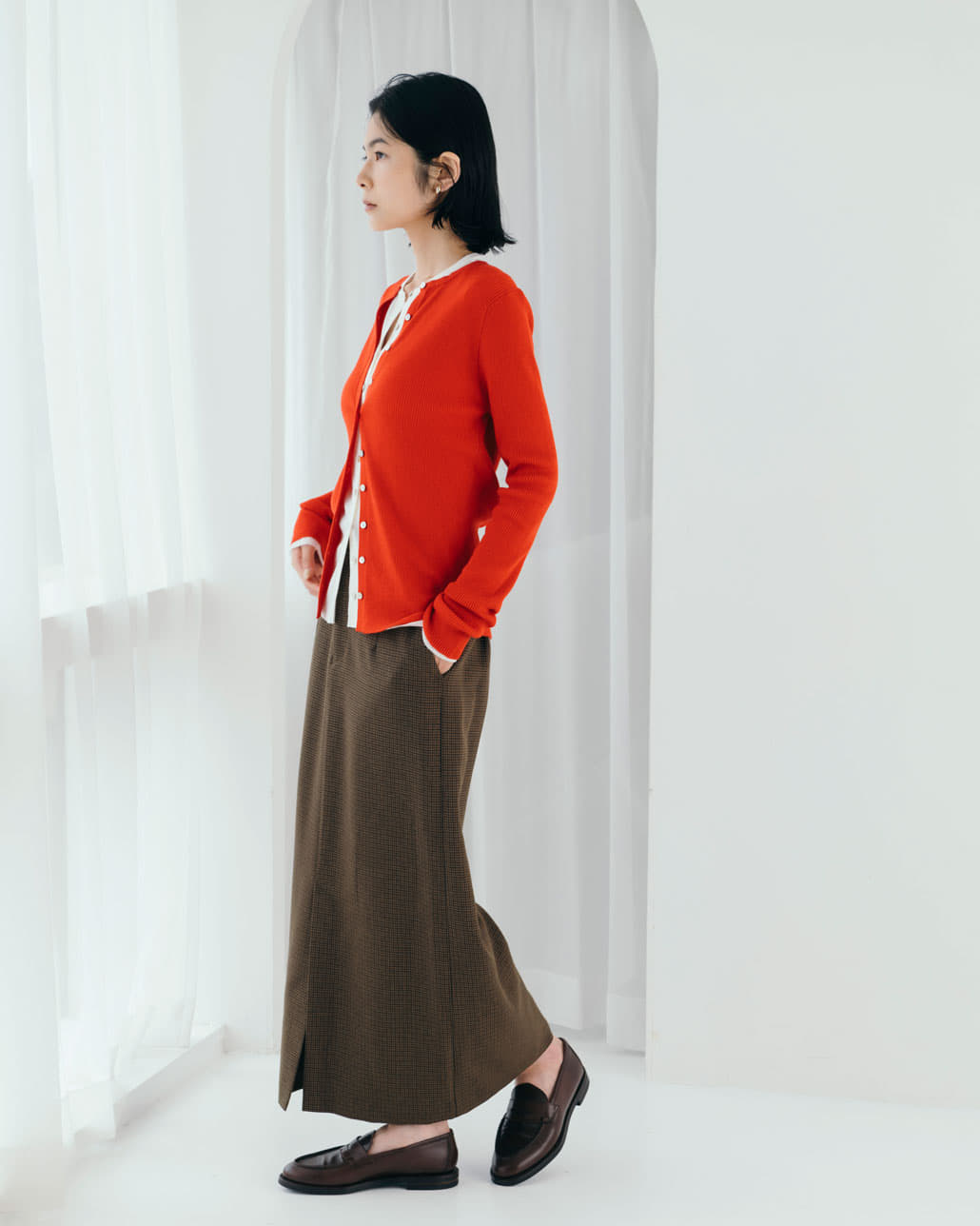 USINE [ユジーヌ] リブニットカーディガン [11256842]とイージーケアウールライクタイトスカート [21256061]