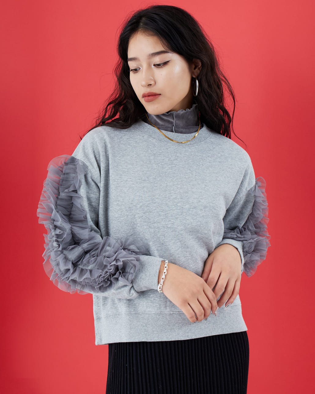 nenom [ネノム] 袖チュールフリルデザイン プルオーバースウェット [NE24132079]
