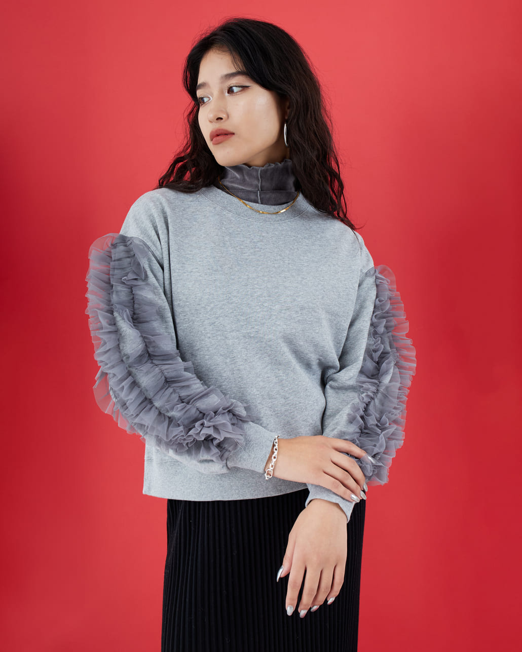nenom [ネノム] 袖チュールフリルデザイン プルオーバースウェット [NE24132079]