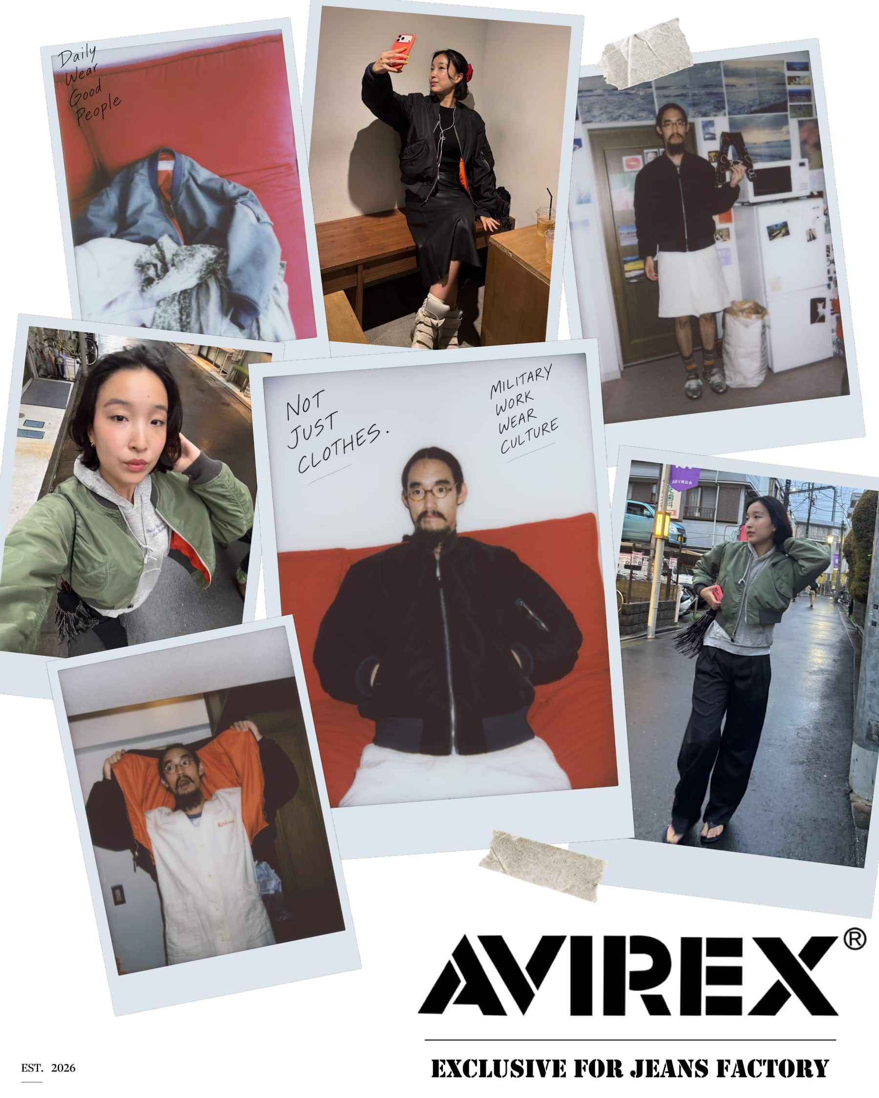 服と人。それぞれの日常と、別注 AVIREX L-2BのLOOKバナーです。