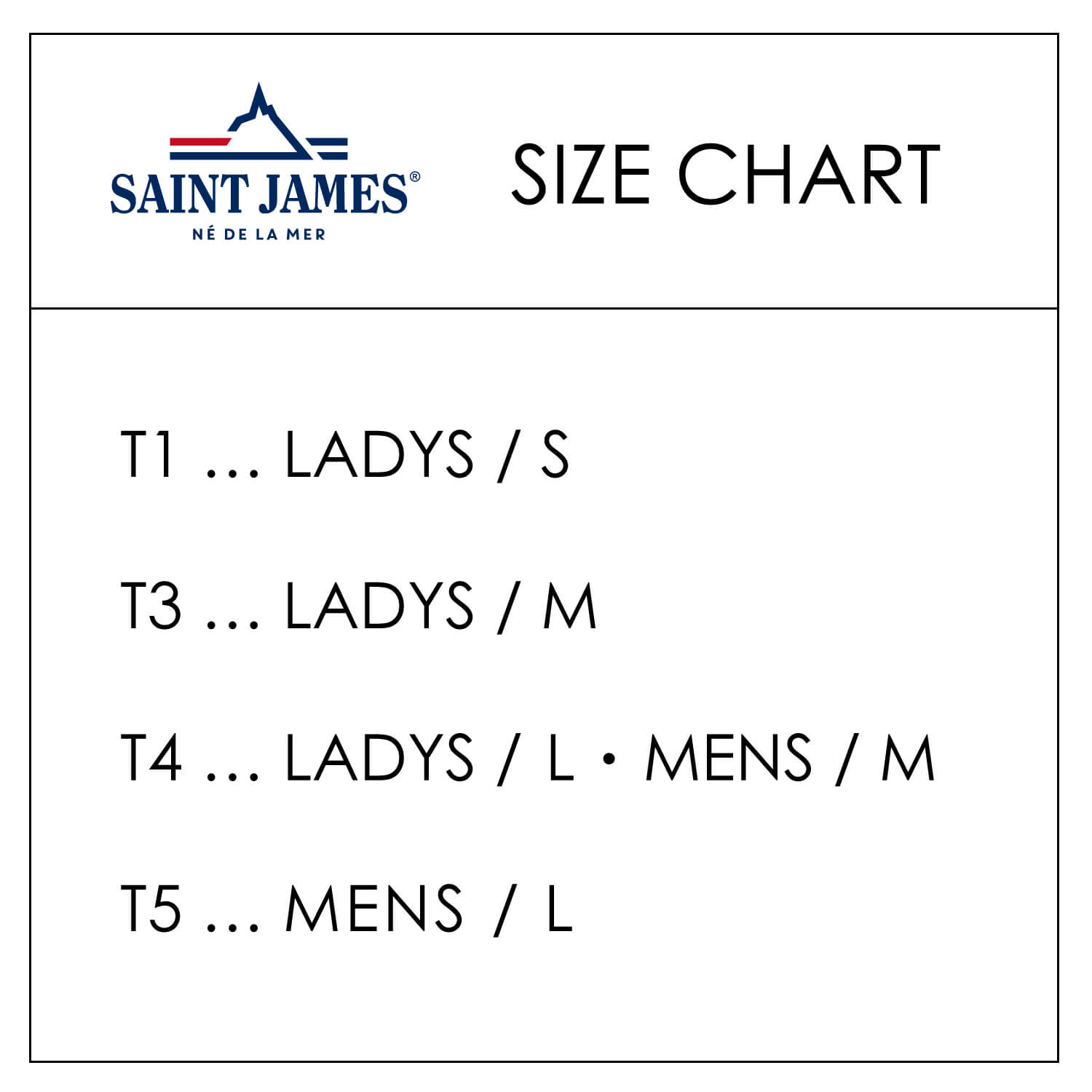 セントジェームスのサイズ表です