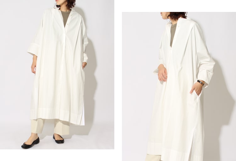 MICA&DEAL マイカアンドディール 2020春夏新作、白のワンピースにパンツをレイヤードしたコーディネートです。