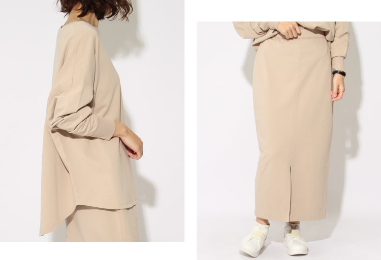 MICA&DEAL マイカアンドディール 2020春夏新作、ベージュのプルオーバートップスとスカートのセットアップコーディネートです。