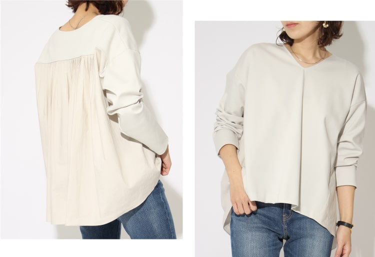 MICA&DEAL マイカアンドディール 2020春夏新作、バックタックのデザイントップスとレッドカードのデニムを合わせたコーディネートです。