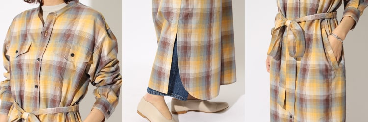 2020春夏のトレンドカラー「イエロー」のペンドルトン チェック柄ワンピースのディテール写真です。