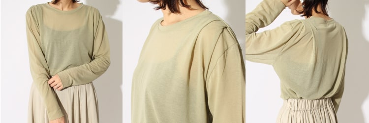 2020春夏のトレンドカラー「グリーン」のアリュメール シアーTシャツのディテール写真です。