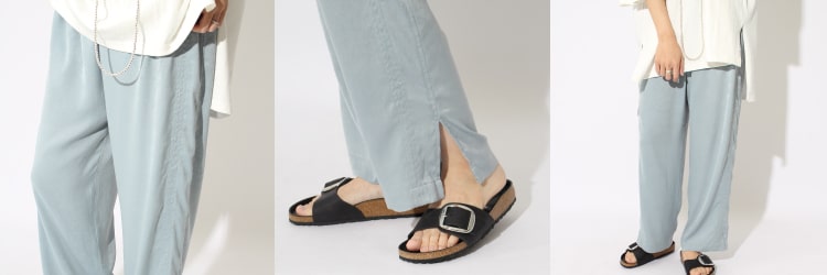 2020春夏のトレンドカラー「ブルー」のヌワールファブリック サテンイージーパンツのディテール写真です。