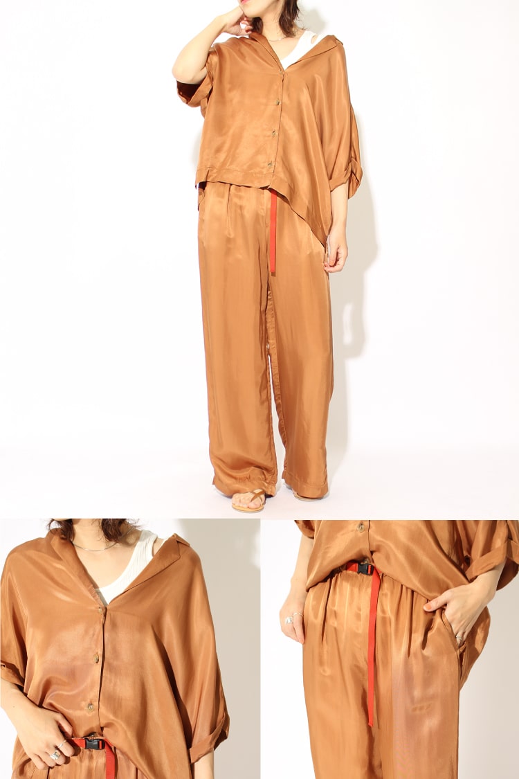 USINE(ユジーヌ)のサテン生地の光沢感がトレンドライクなセットアップです。