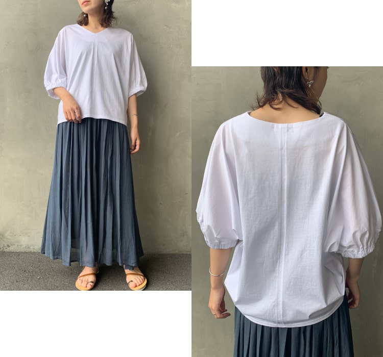 艶やかな表面感のバイオシルケット加工のTシャツのコーディネートです。