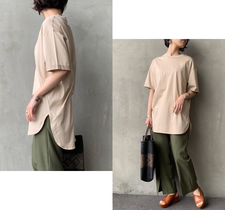 ゆるめの身幅と、裾のアシンメトリーなラウンドヘムが効いたリラクシングなデザインTシャツのコーディネートです。