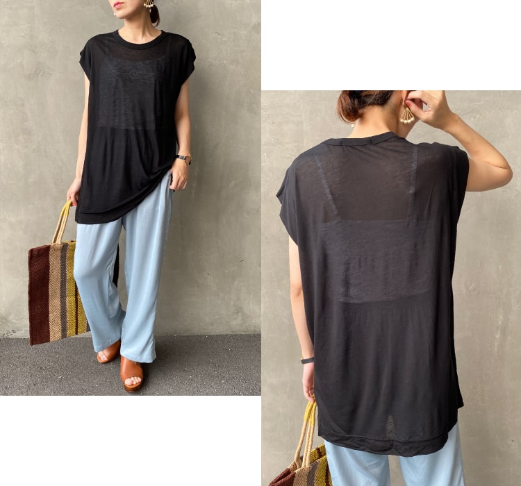 トレンド感たっぷりのシアー素材のデザインTシャツのコーディネートです。