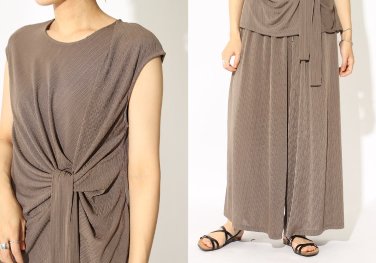 シンプルな装いの中にも華やかさのあるセットアップスタイルのコーディネートです。