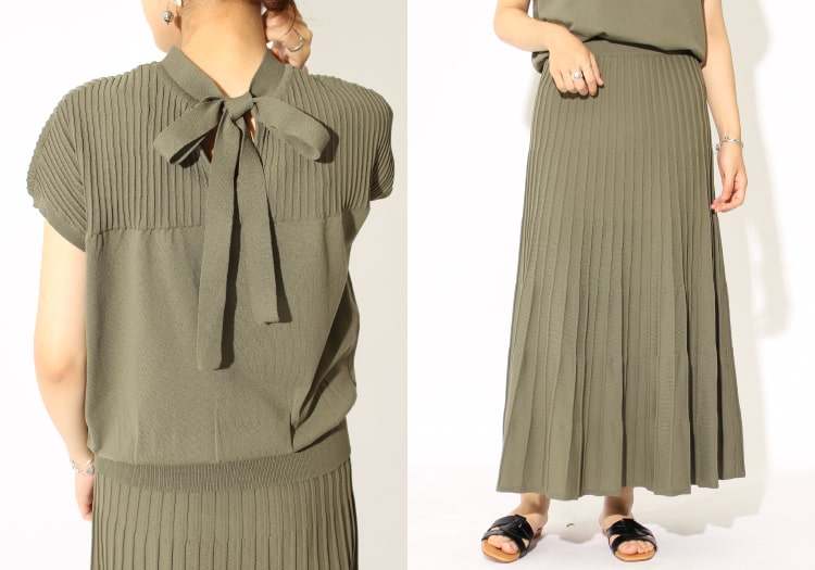 リラックス感があり華やかなニットアップスタイルのコーディネートです。