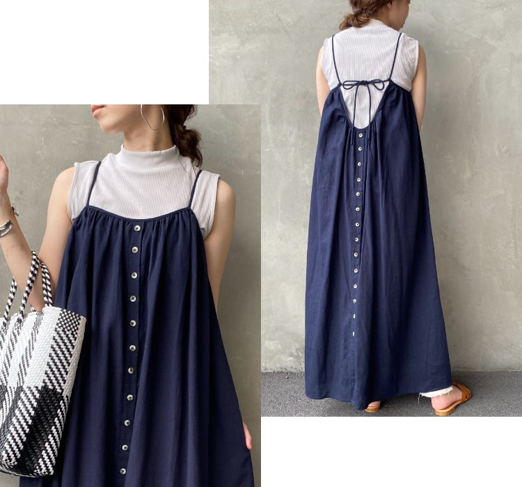 カジュアルな着こなしに華やかさを添えるキャミワンピースのディティール写真です。