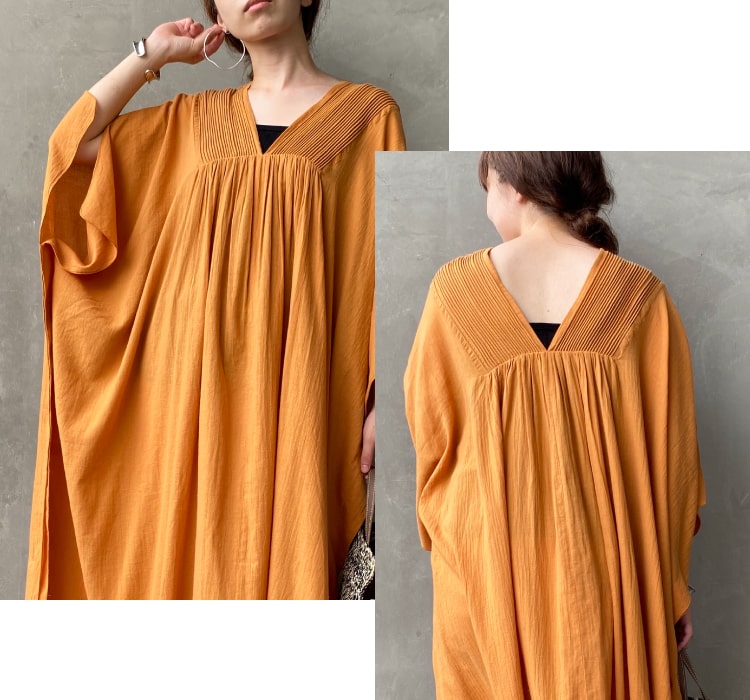 少ない肌見せでも涼しく過ごせるマキシワンピースのディティール写真です。