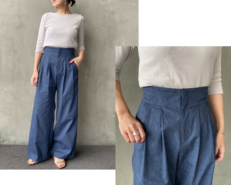ジーンズファクトリークローズのバックラッシュリネンワイドパンツのコーディネートです。