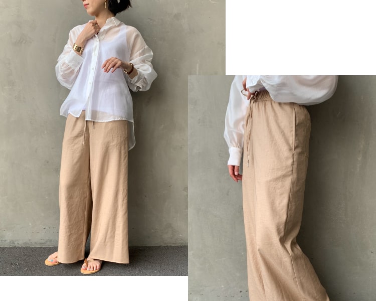 ジーンズファクトリークローズのツイルタンブラーワイドパンツのコーディネートです。