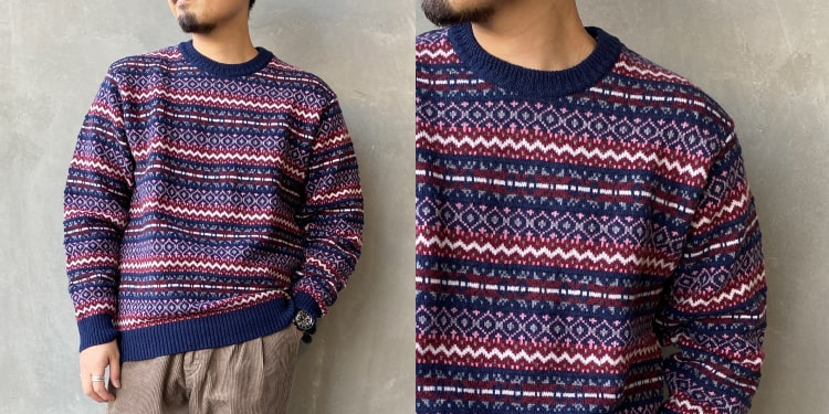 gimのラムナイロンフェアアイルジャカードクルーネックニットです。