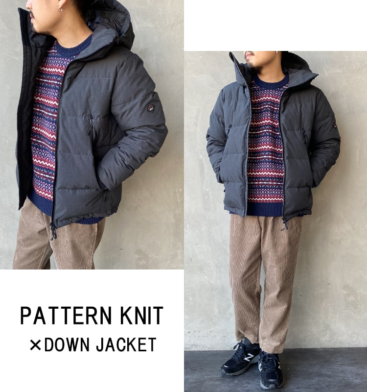 gimのラムナイロンフェアアイルジャカードクルーネックニットにナンガの別注ダウンジャケットを合わせたコーディネートです。