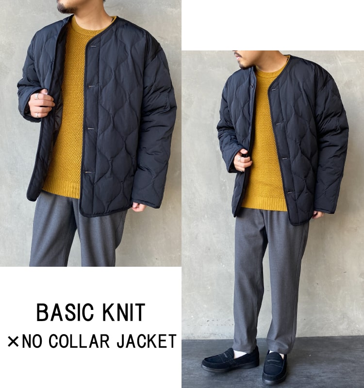 gim×JEANSFACTORYのポップコーンウォッシャブルクルーネックニットにオーチバルのアウターを合わせたコーディネートです。