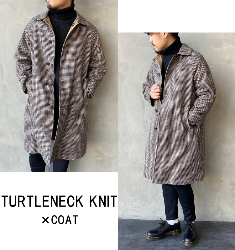 33Degreesのアラン柄タートルネックにコートを合わせたコーディネートです。