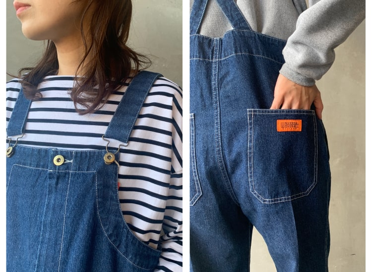 UNIVERSAL OVERALL 別注 ジャンパースカートと別注 配色ステッチオーバーオールです。