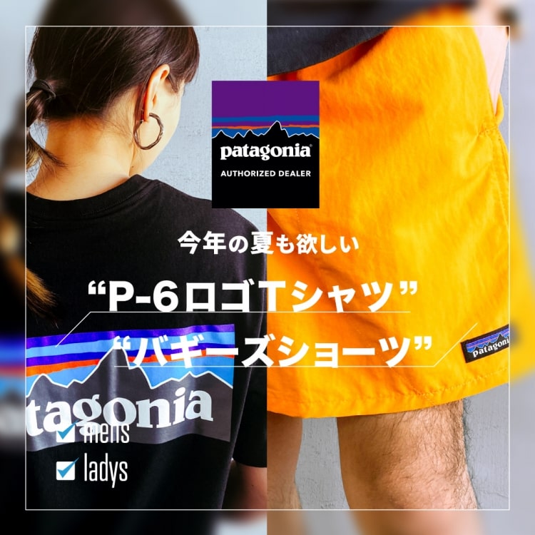 PATAGONIA（パタゴニア）今シーズンも気になる「P-6ロゴT」&「バギーズショーツ」の特集バナーです。