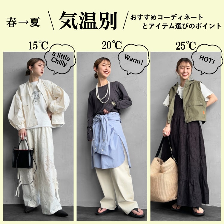 春から夏の気温別おすすめコーディネートとアイテム選びのポイントの特集バナーです。
