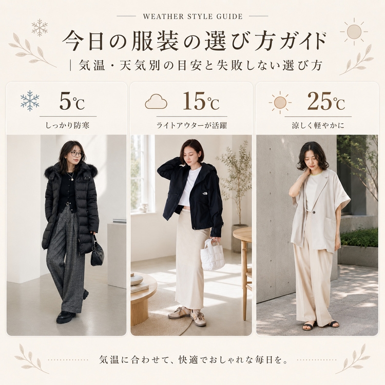 今日の服装の選び方ガイド｜気温・天気別の目安と失敗しない選び方の特集バナーです。