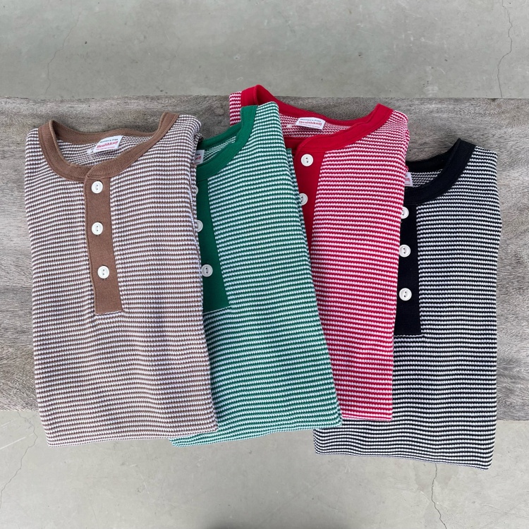 Health knit [ヘルスニット] 別注 ヘンリーネック ワッフルボーダーカットソー [HR2302L005IN-JF] ¥5,940
