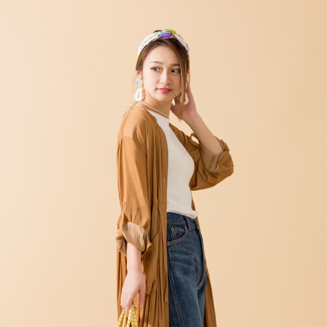 リラックス,レトロ,ワンピース,スカーフ,カゴバッグ,コーデ,カジュアル,2019春夏,JEANS FACTORY,ジーンズファクトリー,通販,セレクトショップ,スタイリング