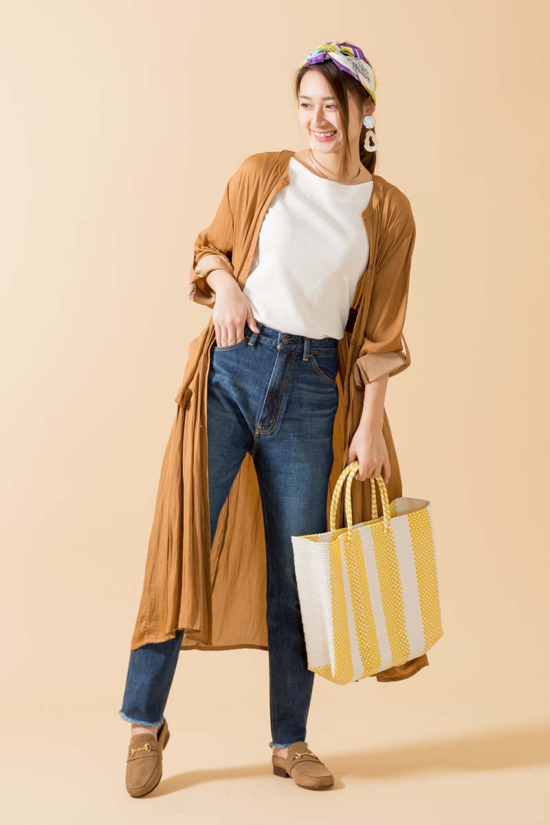 リラックス,レトロ,ワンピース,スカーフ,カゴバッグ,コーデ,カジュアル,2019春夏,JEANS FACTORY,ジーンズファクトリー,通販,セレクトショップ,スタイリング