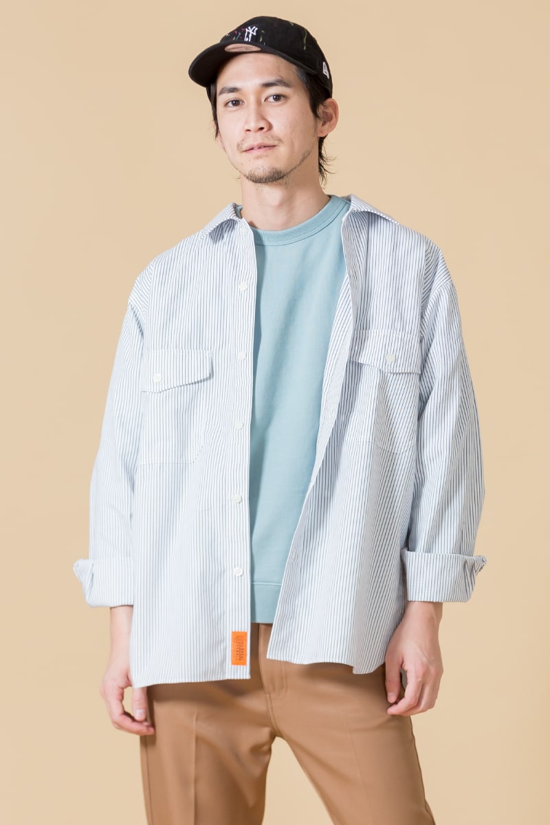 20SS リラックスワークのユニバーサルオーバーオールのジーンズファクトリー別注ビッグシャツです。