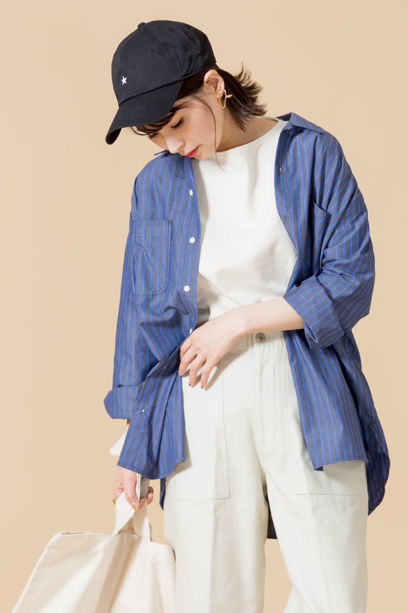 20SS ハンサムワークのセントジェームスのバスクTシャツにユニバーサルオーバーオールのジーンズファクトリー別注ビッグシャツを羽織ったコーディネートです。