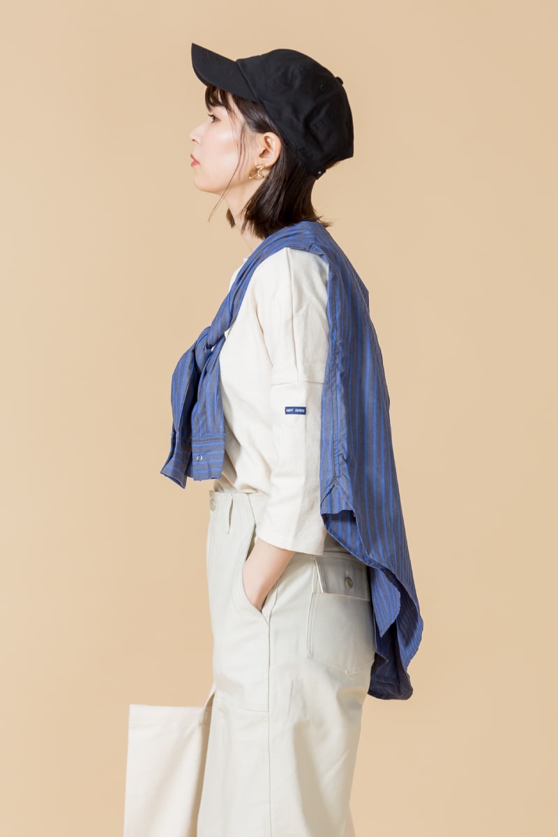 20SS ハンサムワークのセントジェームスのバスクTシャツにユニバーサルオーバーオールのジーンズファクトリー別注ビッグシャツを羽織ってシンゾーンのベイカーパンツを合わせたコーディネートです。